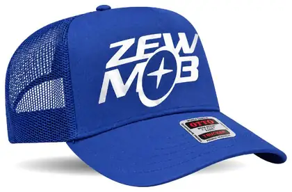 Royal blue mesh trucker hat with stacked Zewmob logo