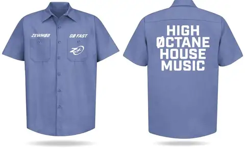 Blue mechanic work shirt with Zewmob pocket text and High Octane House Music back print